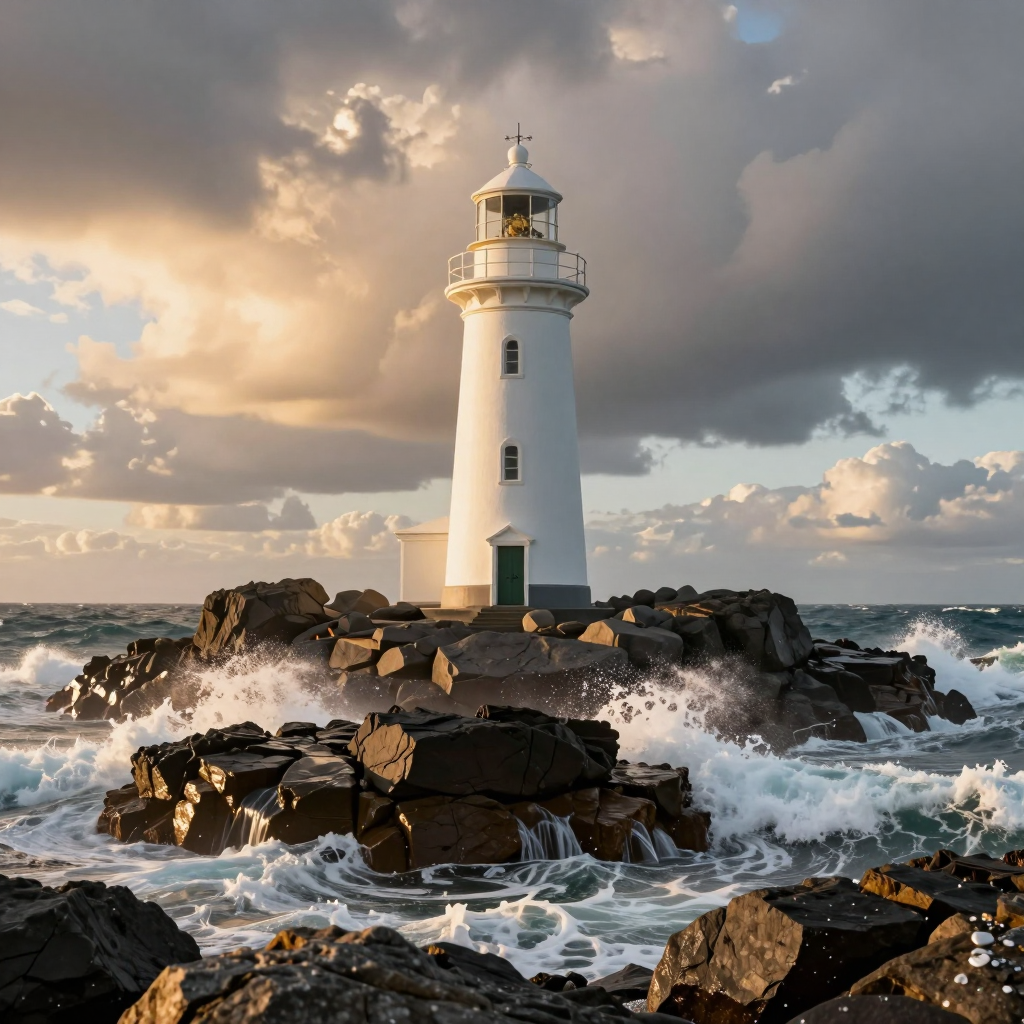 Image generated on this machine with Z-Image Turbo: a lighthouse on a rocky coast